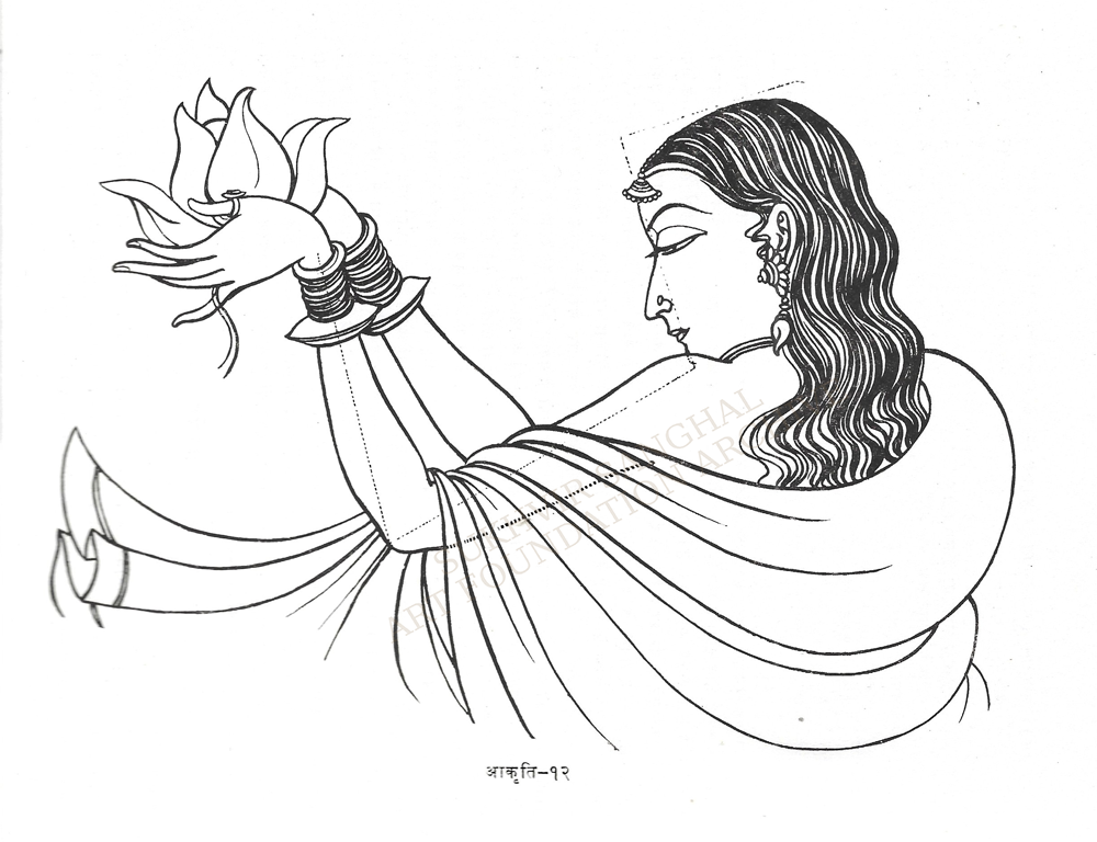 Sketch of the first painting from the unique wash painting technique taught by Sukhvir Sanghal, as published in Bhartiya Chitrakala Paddhati.
				
